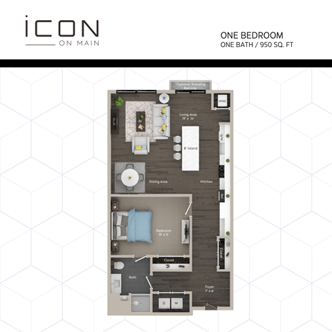 Floor plan for 1 bed, 1 bath, 951 sqft